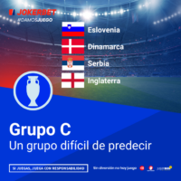 La Imagen Es Un Gráfico Promocional De Jokerbet Relacionado Con El Fútbol, Específicamente Para El Grupo C De Un Torneo. En La Parte Superior De La Imagen, Aparece El Logotipo De Jokerbet Con El Hashtag #DAMOSJUEGO. El Gráfico Incluye Los Nombres Y Banderas De Los Equipos Que Componen El Grupo: Eslovenia, Dinamarca, Serbia E Inglaterra. El Título Del Gráfico Dice 