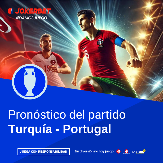 La imagen muestra a jugadores de los equipos de Turquía y Portugal en acción en un estadio iluminado y lleno de espectadores. En la parte inferior, dentro de un recuadro azul, se lee el texto "Pronóstico del partido Turquía - Portugal" junto a un ícono de una copa de fútbol