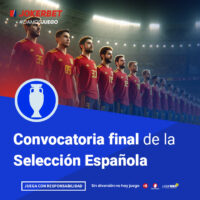La Imagen Es Un Gráfico Promocional De Jokerbet Relacionado Con El Fútbol, Específicamente Sobre La Convocatoria Final De La Selección Española. En La Parte Superior De La Imagen, Aparece El Logotipo De Jokerbet Con El Hashtag #DAMOSJUEGO. El Centro De La Imagen Muestra Una Fila De Jugadores De La Selección Española Vestidos Con El Uniforme Rojo, Alineados Y Mirando Al Frente En Un Estadio Iluminado. En La Parte Inferior, Dentro De Un Recuadro Azul, Se Lee El Texto 