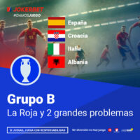 La Imagen Es Un Gráfico Promocional De Jokerbet Relacionado Con El Fútbol, Específicamente Para El Grupo B De Un Torneo. El Gráfico Incluye Los Nombres Y Banderas De Los Equipos Que Componen El Grupo: España, Croacia, Italia Y Albania. El Título Del Gráfico Dice 
