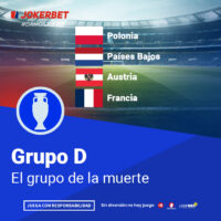 La Imagen Es Un Gráfico Promocional De Jokerbet Relacionado Con El Fútbol, Específicamente Para El Grupo D De La Eurocopa 2024. En La Parte Superior De La Imagen, Aparece El Logotipo De Jokerbet Con El Hashtag #DAMOSJUEGO. El Gráfico Incluye Los Nombres Y Banderas De Los Equipos Que Componen El Grupo: Polonia, Países Bajos, Austria Y Francia. El Título Del Gráfico Dice 