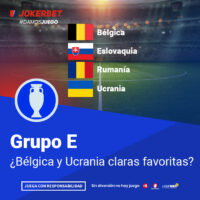 La Imagen Es Un Gráfico Promocional De Jokerbet Relacionado Con El Fútbol, Específicamente Para El Grupo E De Un Torneo. En La Parte Superior De La Imagen, Aparece El Logotipo De Jokerbet Con El Hashtag #DAMOSJUEGO. El Gráfico Incluye Los Nombres Y Banderas De Los Equipos Que Componen El Grupo: Bélgica, Eslovaquia, Rumanía Y Ucrania. El Título Del Gráfico Dice 
