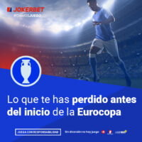 La Imagen Es Un Gráfico Promocional De Jokerbet Relacionado Con El Fútbol, Específicamente Sobre Lo Que Te Has Perdido Antes Del Inicio De La Eurocopa. En La Parte Superior De La Imagen, Aparece El Logotipo De Jokerbet Con El Hashtag #DAMOSJUEGO. El Gráfico Muestra A Un Jugador De Fútbol En Acción, Vestido Con Un Uniforme Azul, En Un Estadio Iluminado Y Lleno De Espectadores. En La Parte Inferior, Dentro De Un Recuadro Azul, Se Lee El Texto 