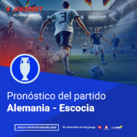 La Imagen Es Un Gráfico Promocional De Jokerbet Relacionado Con El Fútbol, Específicamente Sobre El Pronóstico Del Partido Entre Alemania Y Escocia. En La Parte Superior De La Imagen, Aparece El Logotipo De Jokerbet Con El Hashtag #DAMOSJUEGO. El Gráfico Muestra A Jugadores De Los Equipos De Alemania Y Escocia En Acción En Un Estadio Iluminado Y Lleno De Espectadores. En La Parte Inferior, Dentro De Un Recuadro Azul, Se Lee El Texto 