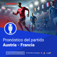 La Imagen Es Un Gráfico Promocional De Jokerbet Relacionado Con El Fútbol, Específicamente Sobre El Pronóstico Del Partido Entre Austria Y Francia. En La Parte Superior De La Imagen, Aparece El Logotipo De Jokerbet Con El Hashtag #DAMOSJUEGO. El Gráfico Muestra A Jugadores De Los Equipos De Austria Y Francia En Acción En Un Estadio Iluminado Y Lleno De Espectadores. En La Parte Inferior, Dentro De Un Recuadro Azul, Se Lee El Texto 