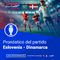 La Imagen Es Un Gráfico Promocional De Jokerbet Relacionado Con El Fútbol, Específicamente Sobre El Pronóstico Del Partido Entre Eslovenia Y Dinamarca. En La Parte Superior De La Imagen, Aparece El Logotipo De Jokerbet Con El Hashtag #DAMOSJUEGO. El Gráfico Muestra A Jugadores De Los Equipos De Eslovenia Y Dinamarca En Acción En Un Estadio Iluminado Y Lleno De Espectadores. En La Parte Inferior, Dentro De Un Recuadro Azul, Se Lee El Texto 