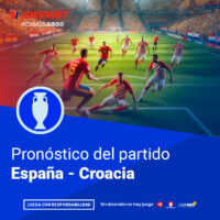 La Imagen Es Un Gráfico Promocional De Jokerbet Relacionado Con El Fútbol, Específicamente Sobre El Pronóstico Del Partido Entre España Y Croacia. En La Parte Superior De La Imagen, Aparece El Logotipo De Jokerbet Con El Hashtag #DAMOSJUEGO. El Gráfico Muestra A Jugadores De Los Equipos De España Y Croacia En Acción En Un Estadio Iluminado Y Lleno De Espectadores. En La Parte Inferior, Dentro De Un Recuadro Azul, Se Lee El Texto 
