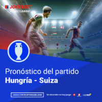 La Imagen Es Un Gráfico Promocional De Jokerbet Relacionado Con El Fútbol, Específicamente Sobre El Pronóstico Del Partido Entre Hungría Y Suiza. En La Parte Superior De La Imagen, Aparece El Logotipo De Jokerbet Con El Hashtag #DAMOSJUEGO. El Gráfico Muestra A Jugadores De Los Equipos De Hungría Y Suiza En Acción En Un Estadio Iluminado Y Lleno De Espectadores. En La Parte Inferior, Dentro De Un Recuadro Azul, Se Lee El Texto 