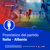 La Imagen Es Un Gráfico Promocional De Jokerbet Relacionado Con El Fútbol, Específicamente Sobre El Pronóstico Del Partido Entre Italia Y Albania. En La Parte Superior De La Imagen, Aparece El Logotipo De Jokerbet Con El Hashtag #DAMOSJUEGO. El Gráfico Muestra A Jugadores De Los Equipos De Italia Y Albania En Acción En Un Estadio Iluminado Y Lleno De Espectadores. En La Parte Inferior, Dentro De Un Recuadro Azul, Se Lee El Texto 