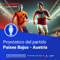 La Imagen Muestra A Jugadores De Los Equipos De Países Bajos Y Austria En Acción En Un Estadio Iluminado Y Lleno De Espectadores. En La Parte Inferior, Dentro De Un Recuadro Azul, Se Lee El Texto 