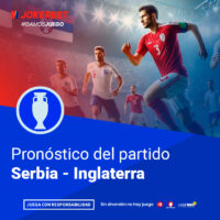 La Imagen Es Un Gráfico Promocional De Jokerbet Relacionado Con El Fútbol, Específicamente Sobre El Pronóstico Del Partido Entre Serbia E Inglaterra. En La Parte Superior De La Imagen, Aparece El Logotipo De Jokerbet Con El Hashtag #DAMOSJUEGO. El Gráfico Muestra A Jugadores De Los Equipos De Serbia E Inglaterra En Acción En Un Estadio Iluminado Y Lleno De Espectadores. En La Parte Inferior, Dentro De Un Recuadro Azul, Se Lee El Texto 