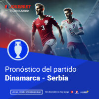 La Imagen Muestra A Jugadores De Los Equipos De Dinamarca Y Serbia En Acción En Un Estadio Iluminado Y Lleno De Espectadores. En La Parte Inferior, Dentro De Un Recuadro Azul, Se Lee El Texto 