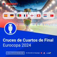 La Imagen Muestra Una Copa De Fútbol En El Centro De Un Estadio Iluminado, Con Jugadores En El Campo De Fondo. Encima De La Copa, Se Encuentran Las Banderas De Los Equipos Clasificados Para Los Cuartos De Final De La Eurocopa 2024: España, Alemania, Portugal, Francia, Inglaterra, Suiza, Países Bajos Y Turquía. En La Parte Inferior, Dentro De Un Recuadro Azul, Se Lee El Texto 