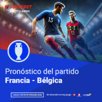 La Imagen Muestra A Jugadores De Los Equipos De Francia Y Bélgica En Un Estadio Iluminado Y Lleno De Espectadores. Los Jugadores Están En Plena Acción, Con El Balón En El Campo. En La Parte Inferior, Dentro De Un Recuadro Azul, Se Lee El Texto 
