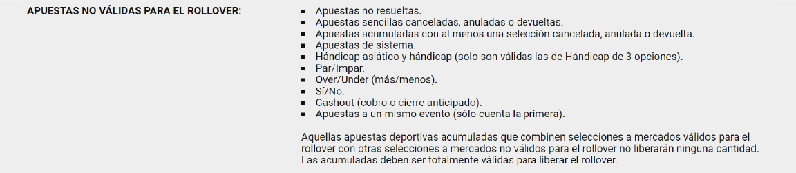 imagen de apuestas no válidas para rollover