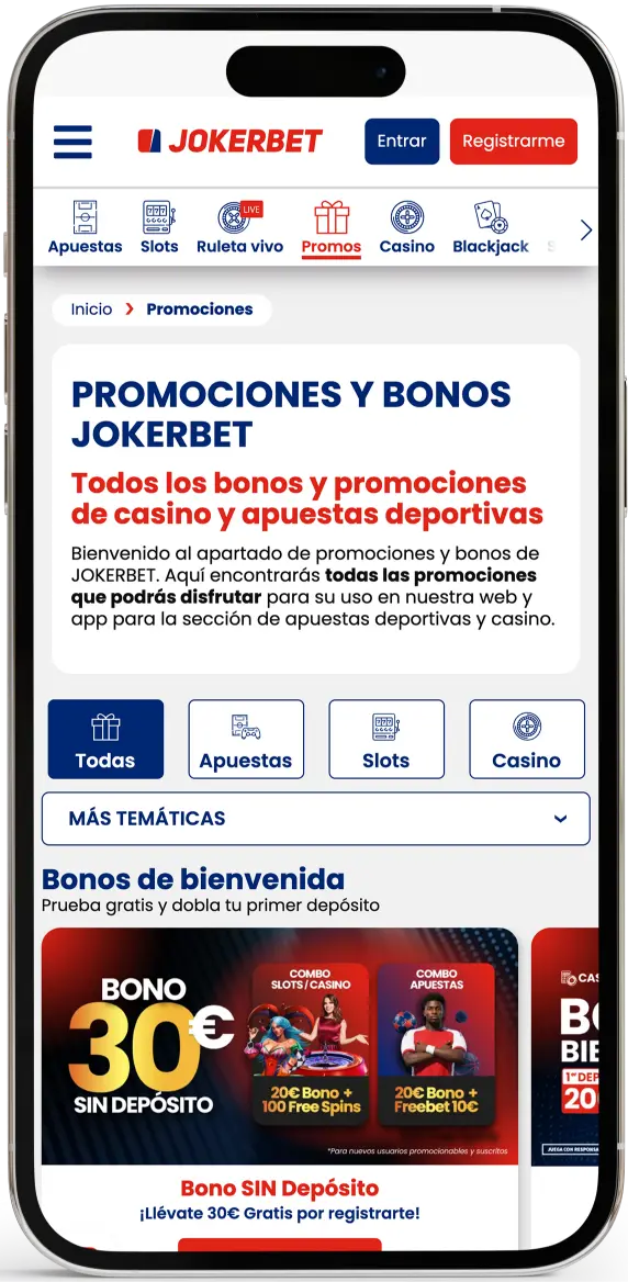 Página de promociones de JOKERBET en un teléfono móvil