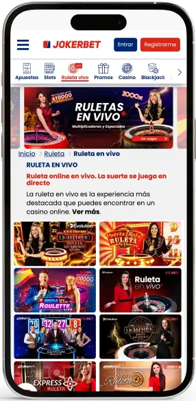 Página de ruletas en vivo de JOKERBET en un teléfono móvil