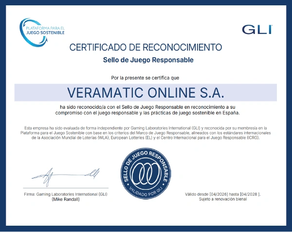 Certificado oficial de Juego Sostenible y Responsable validado por GLI