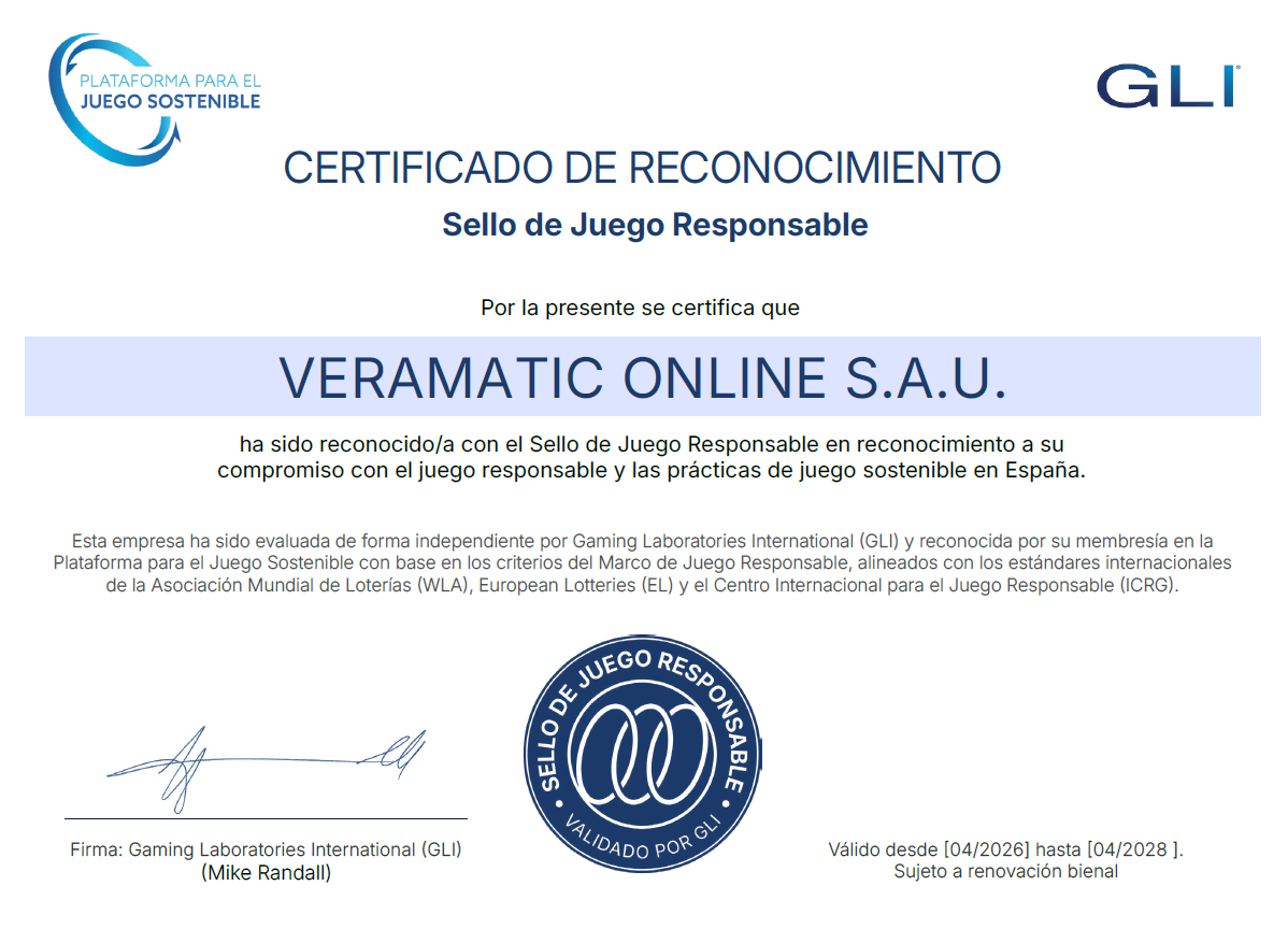 Certificado oficial de Juego Sostenible y Responsable validado por GLI